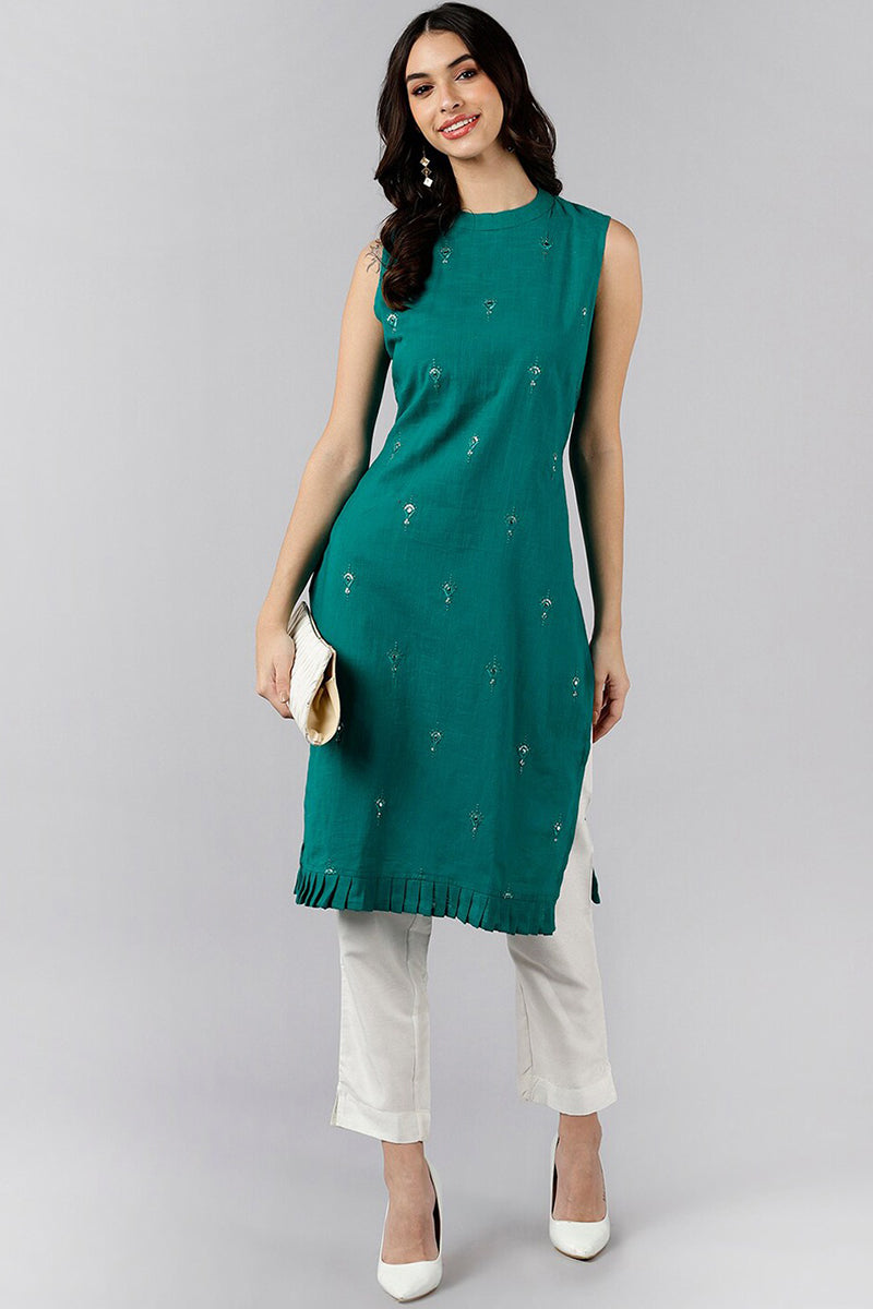 Green Cotton Solid Straight Kurti VEK1114