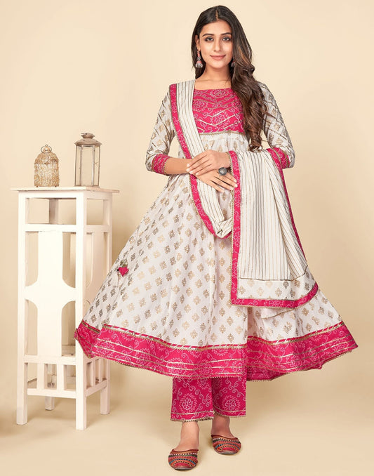 Beige Cotton Printed Anarkali Kurti With Pant And Dupatta