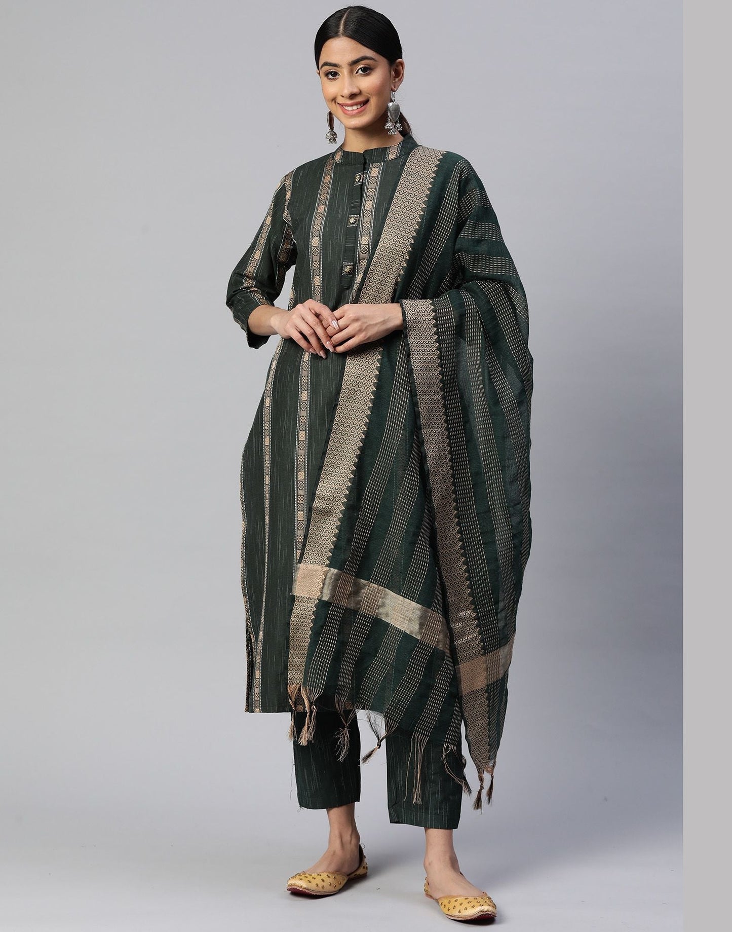 Green Cotton Printed Straight Kurti With Pant And Dupatta