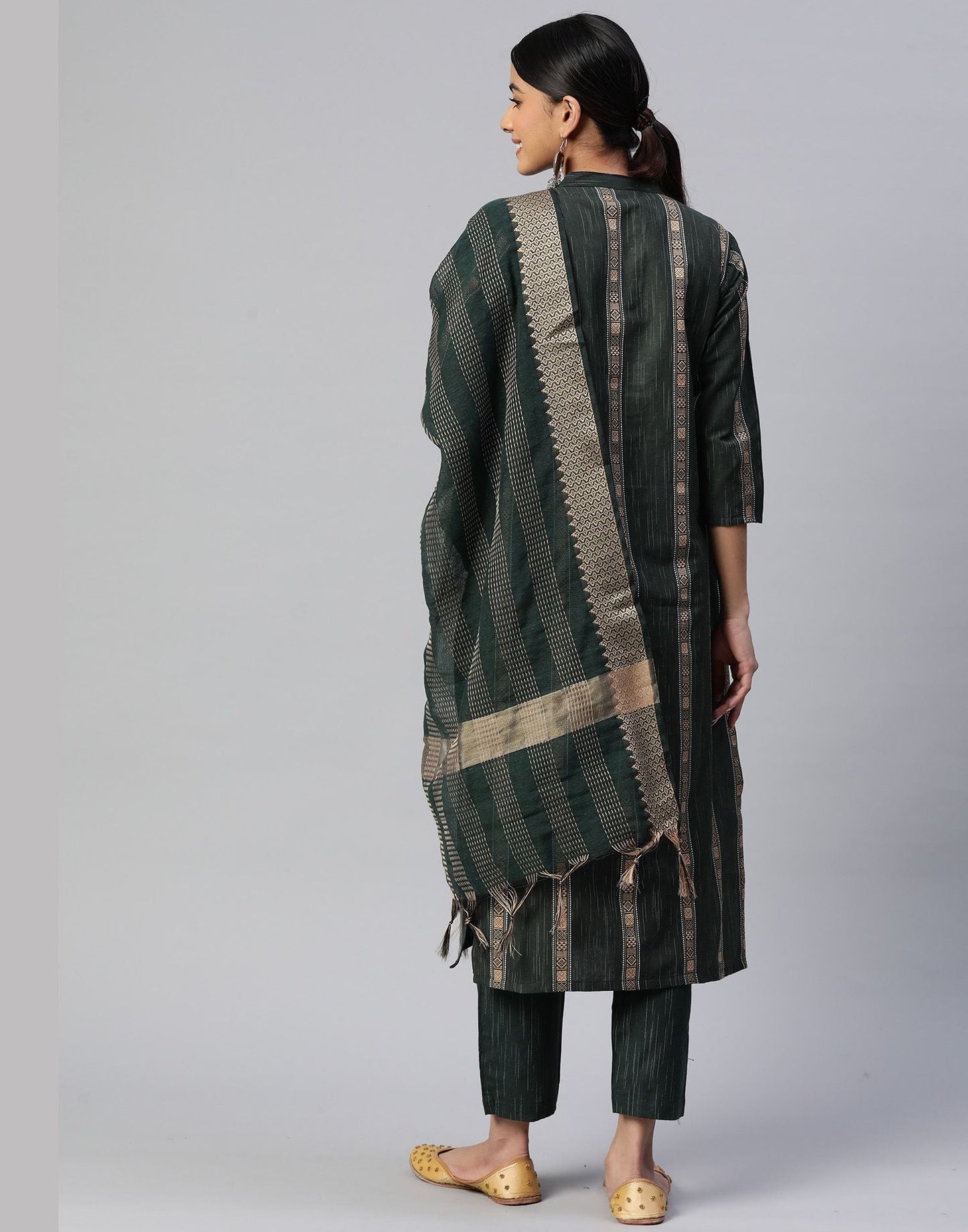 Green Cotton Printed Straight Kurti With Pant And Dupatta