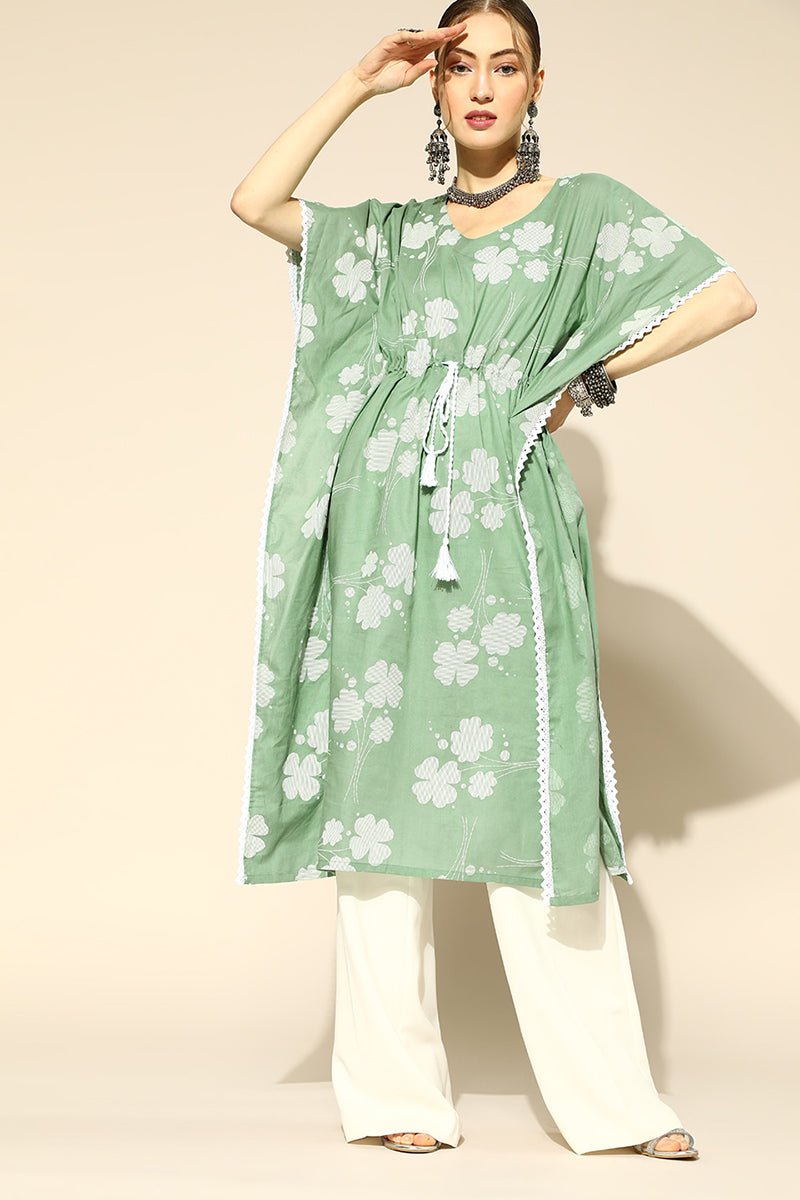 Green Floral Printed Extended Sleeves Floral Kaftan Kurta VKAF1009