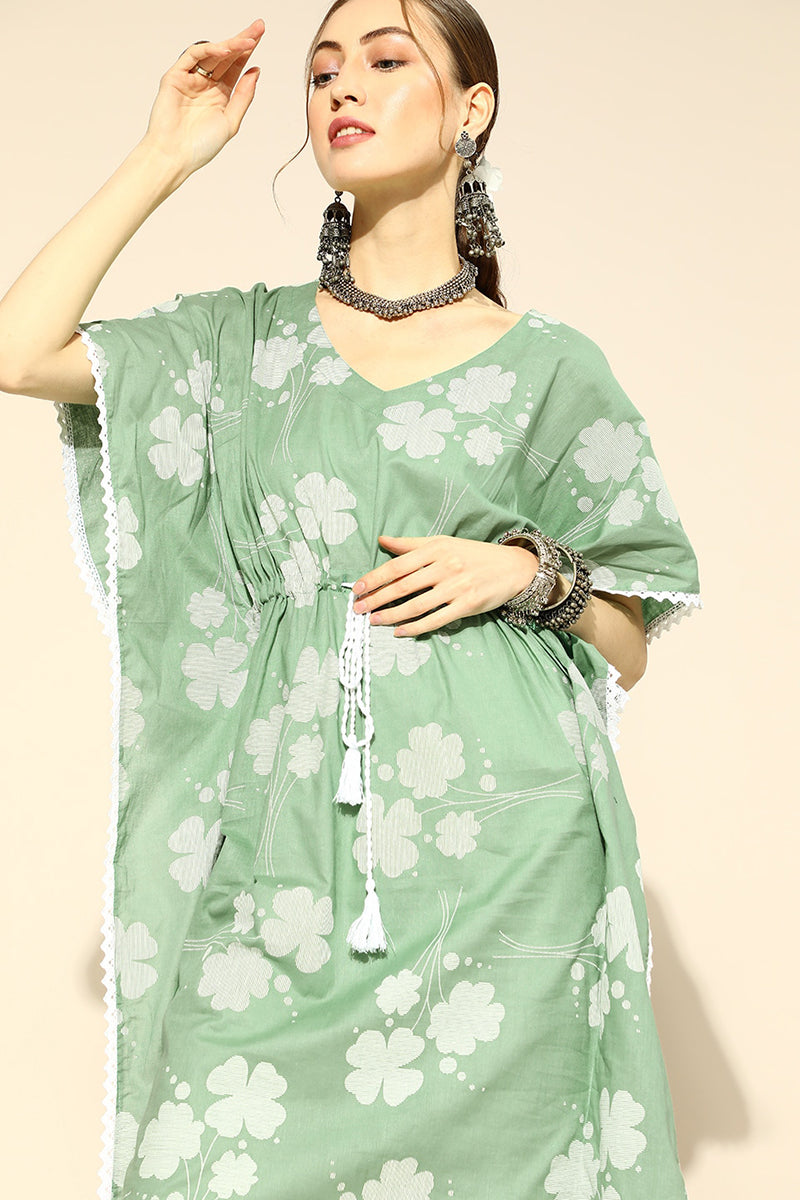 Green Floral Printed Extended Sleeves Floral Kaftan Kurta VKAF1009