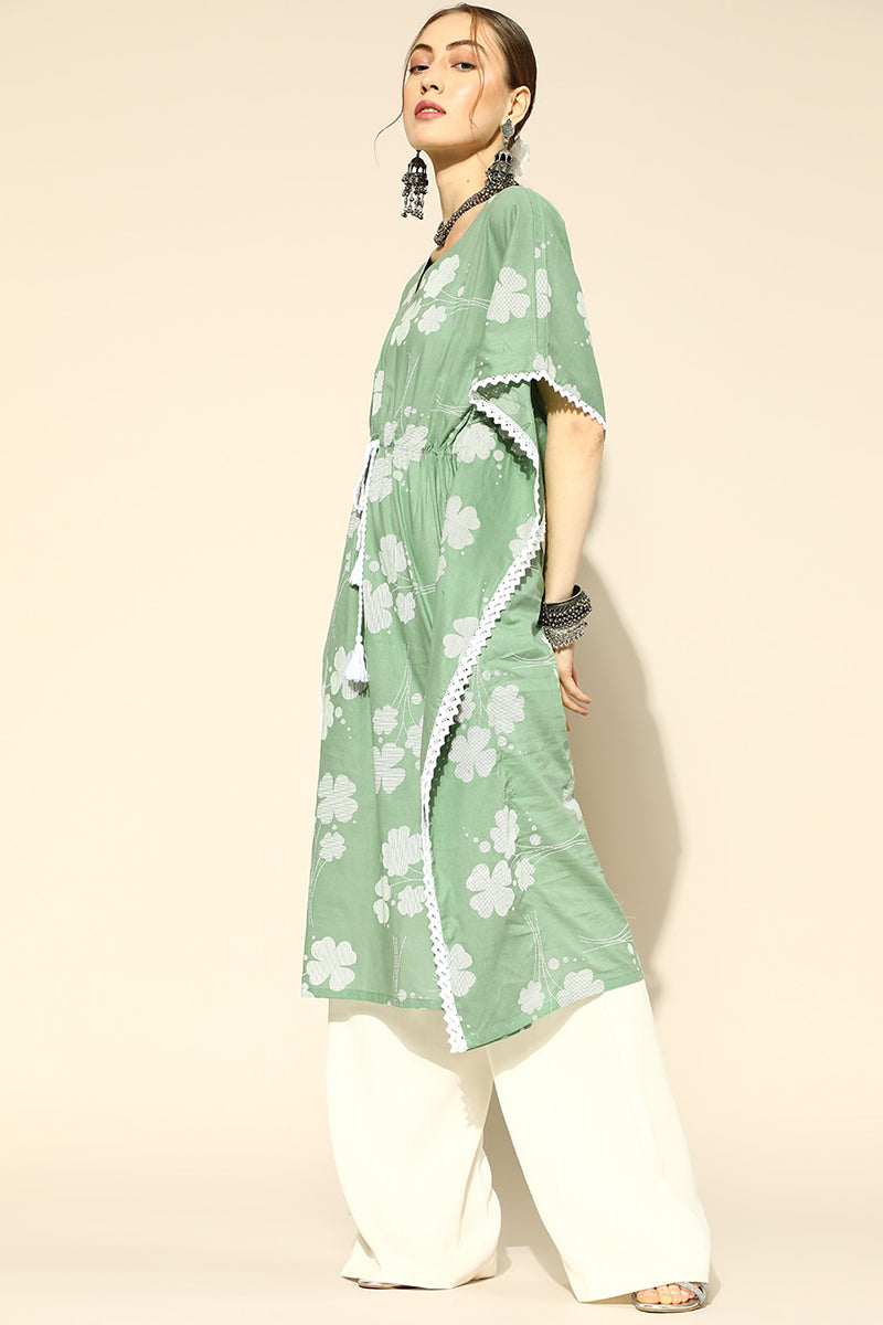 Green Floral Printed Extended Sleeves Floral Kaftan Kurta VKAF1009