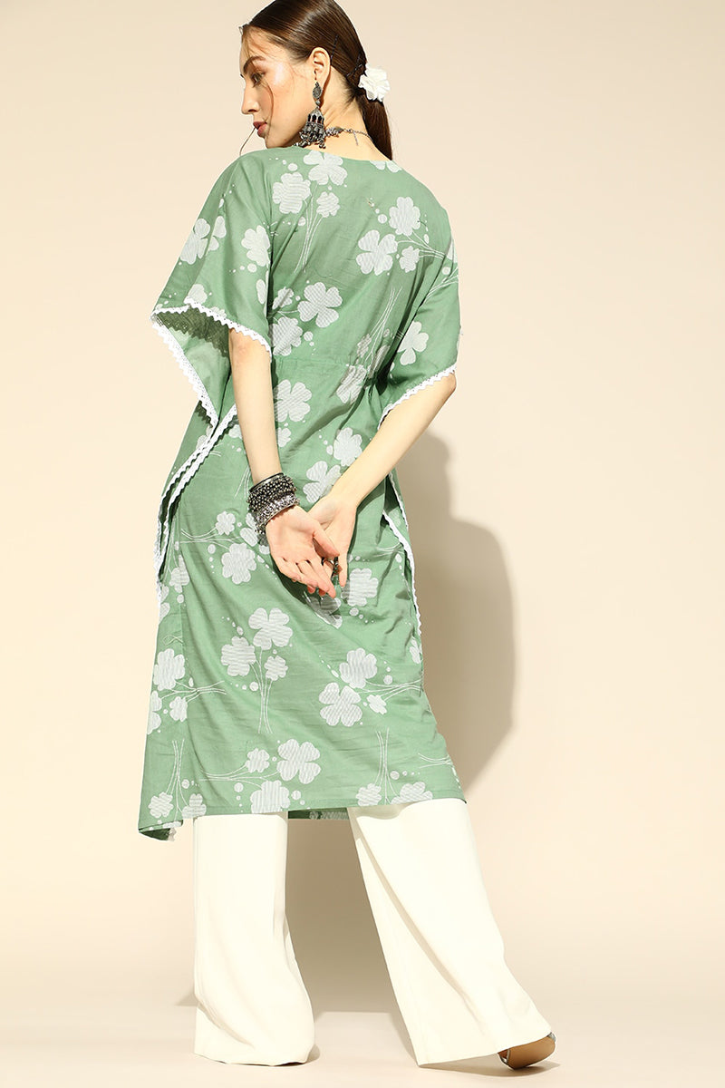 Green Floral Printed Extended Sleeves Floral Kaftan Kurta VKAF1009