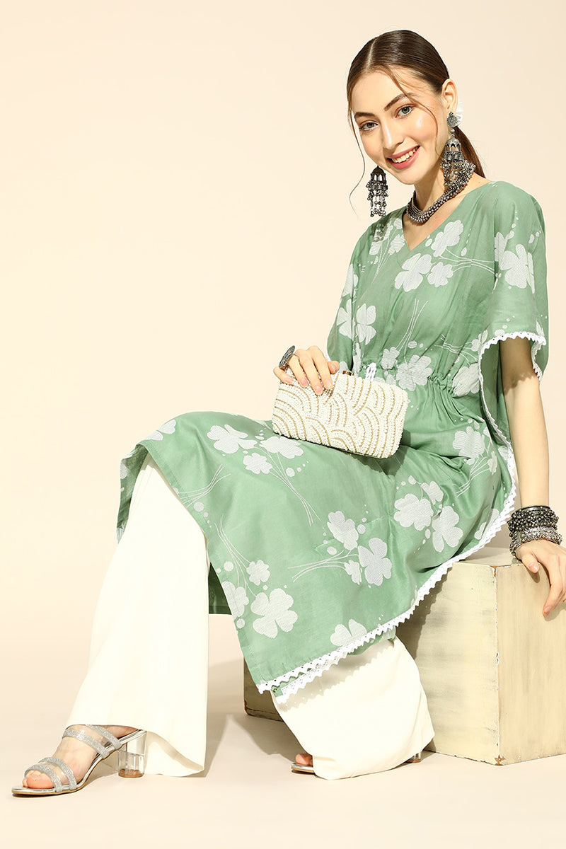 Green Floral Printed Extended Sleeves Floral Kaftan Kurta VKAF1009