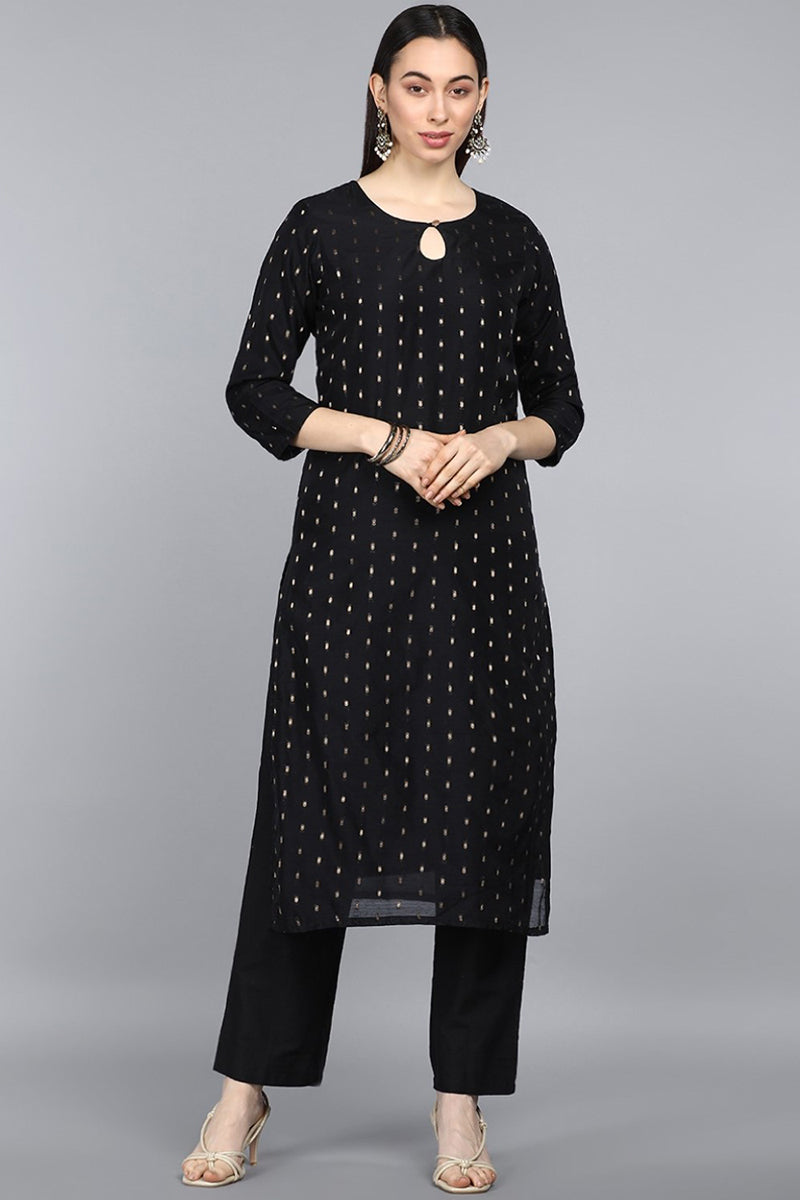 Black Cotton Woven Straight Kurta Set VKSET1219