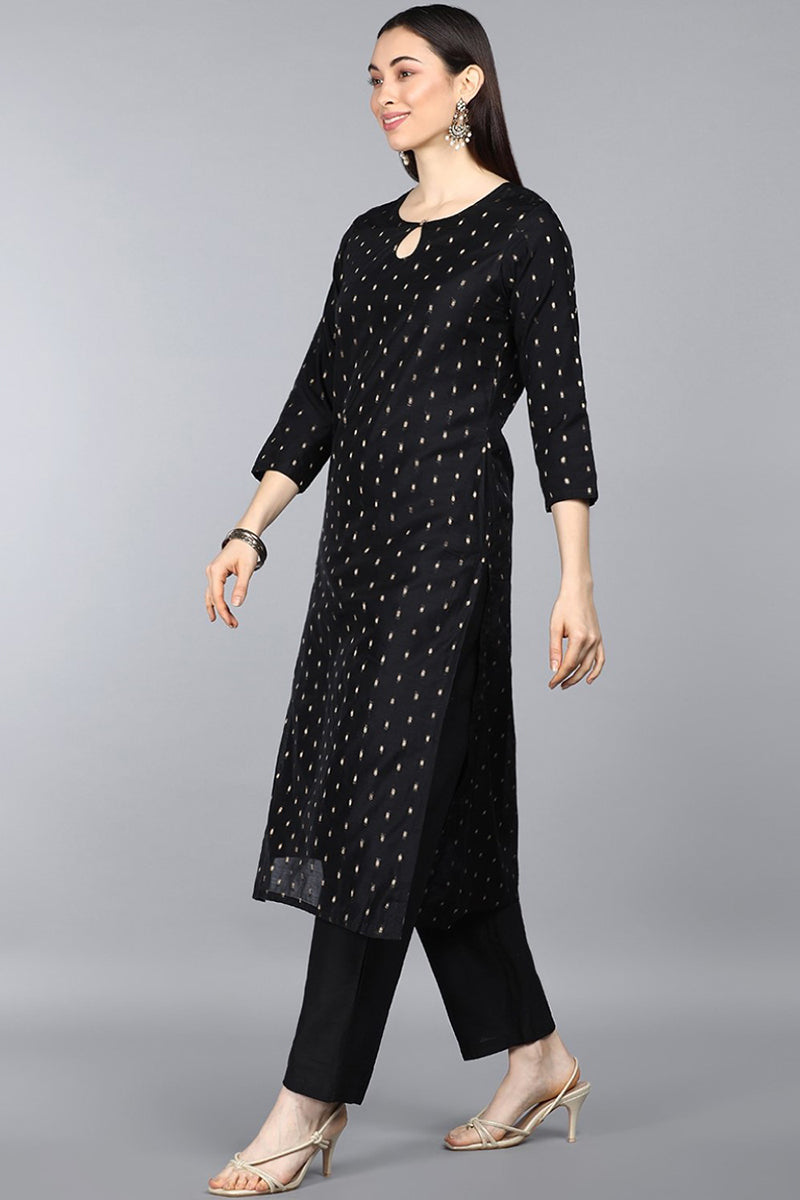 Black Cotton Woven Straight Kurta Set VKSET1219