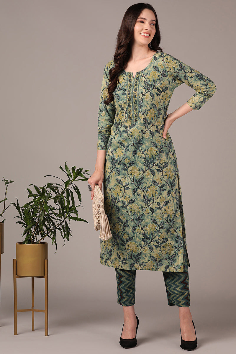 Green Cotton Blend Floral Printed Straight Kurta Set VKSET1420