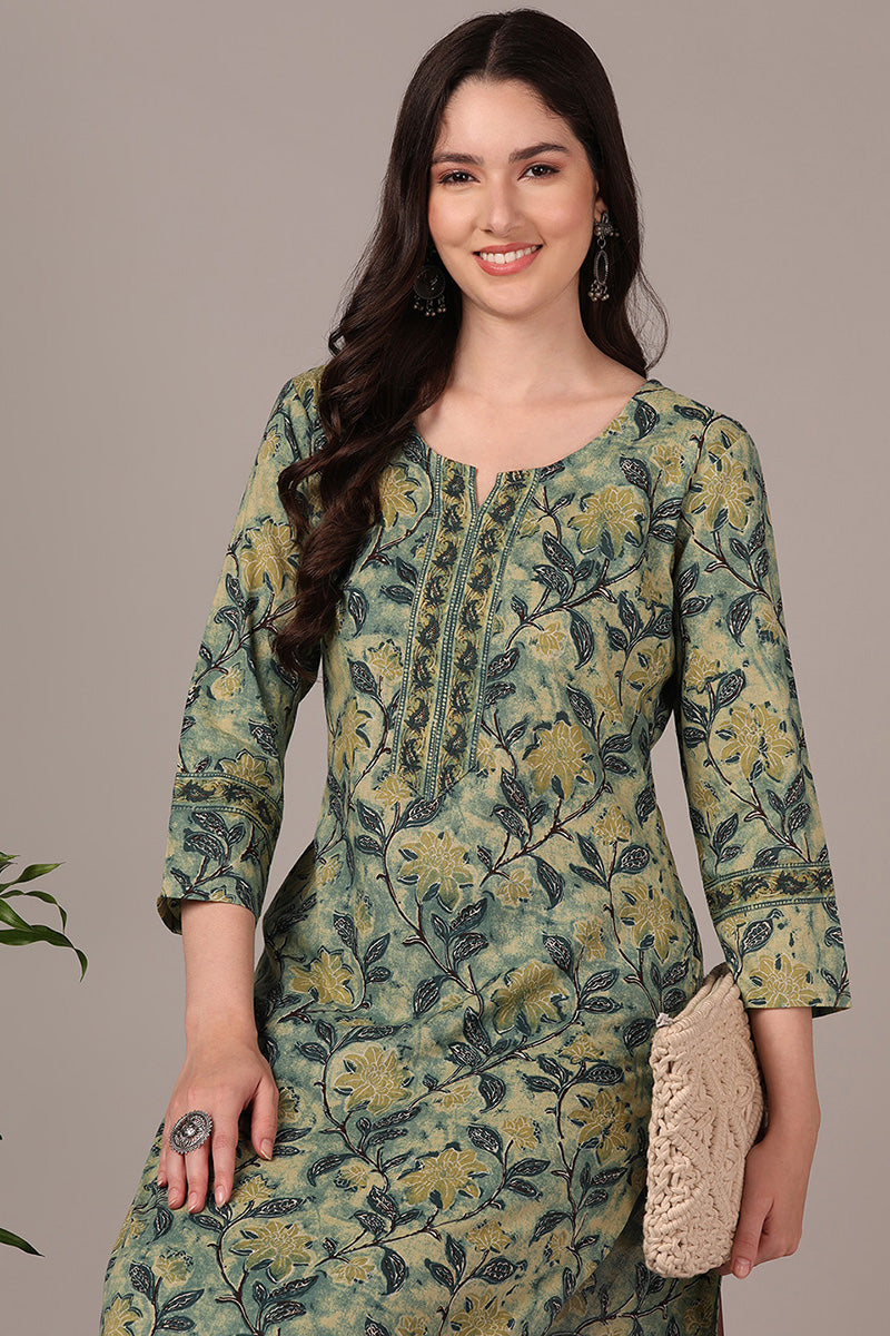 Green Cotton Blend Floral Printed Straight Kurta Set VKSET1420