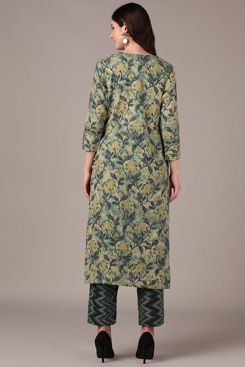 Green Cotton Blend Floral Printed Straight Kurta Set VKSET1420