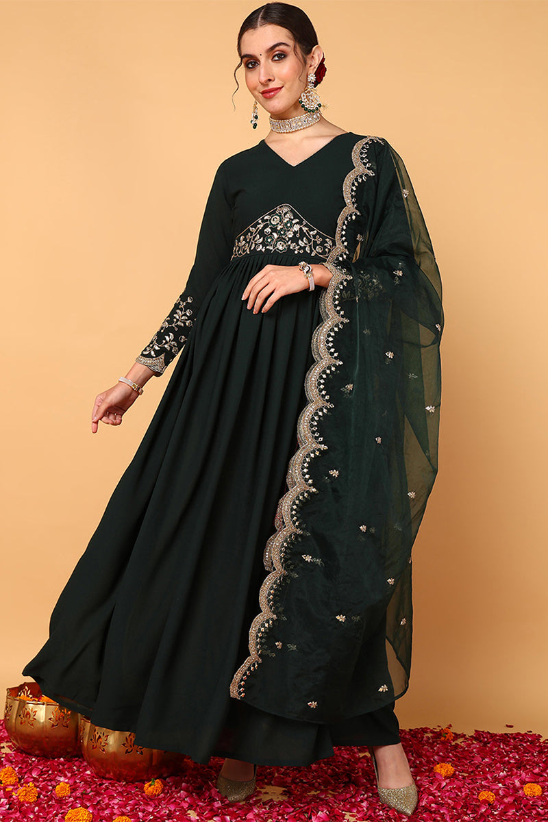 Green Georgette Embroidered Zari Work Flared Kurta Set VKSET1490