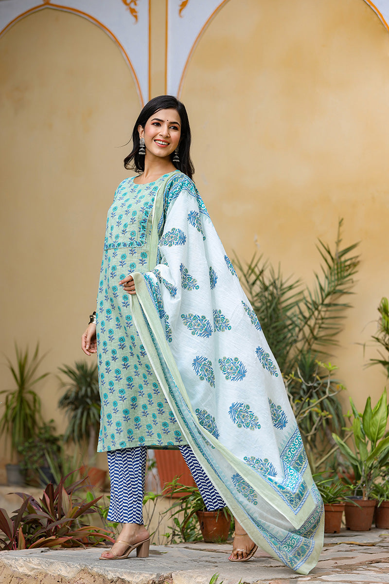 Green Cotton Straight Suit Set VKSKD1020E