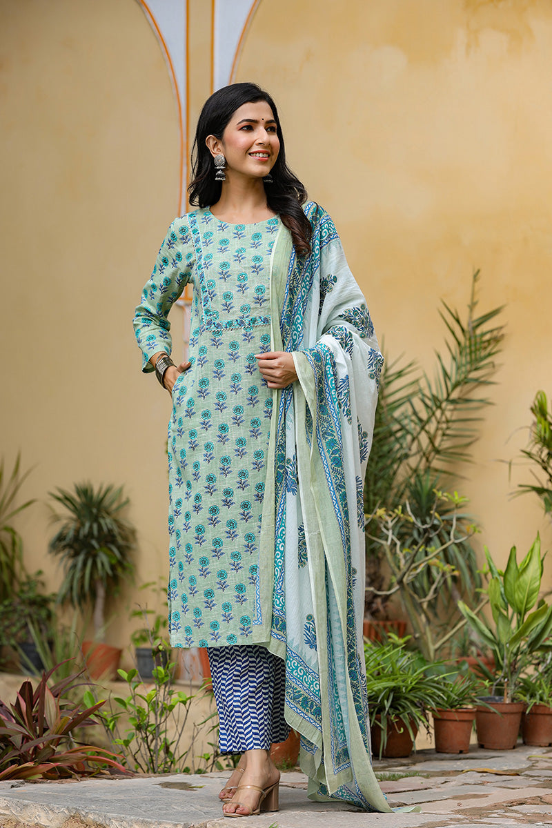 Green Cotton Straight Suit Set VKSKD1020E