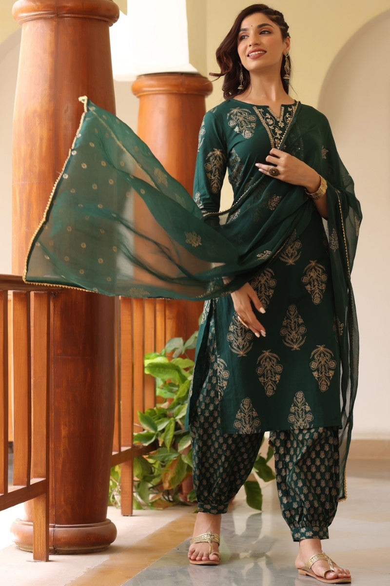 Green Gold Ethnic Print sequence Detail Cotton Kurta with Trousers Dupatta VKSKD1177