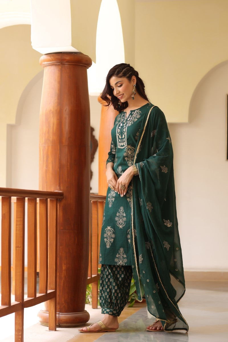 Green Gold Ethnic Print sequence Detail Cotton Kurta with Trousers Dupatta VKSKD1177