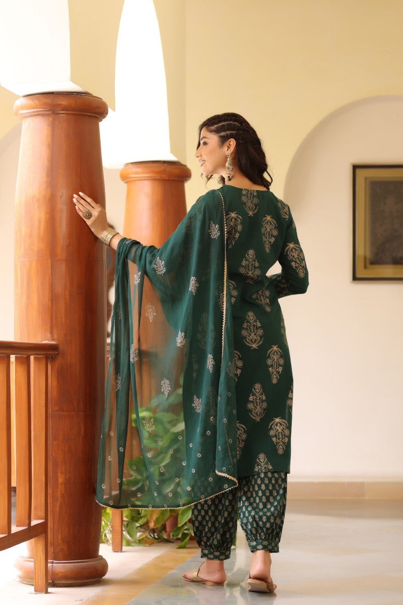 Green Gold Ethnic Print sequence Detail Cotton Kurta with Trousers Dupatta VKSKD1177