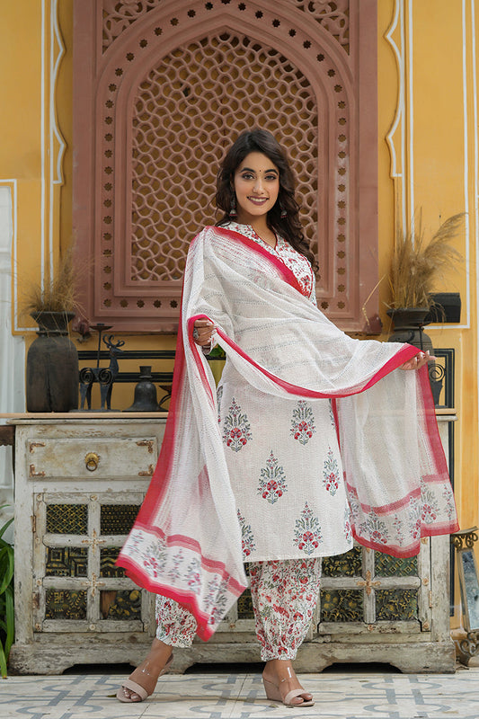 Off White Printed Cotton Kurta, Salwar, and Dupatta VKSKD1186