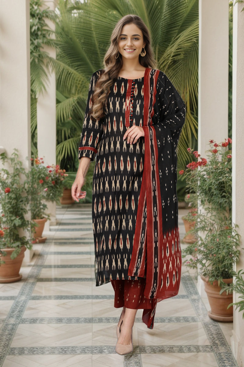 Black Ethnic Motifs Printed Panelled Rayon Blend Kurta VKSKD1303