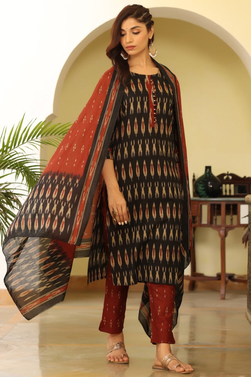 Black Ethnic Motifs Printed Panelled Rayon Blend Kurta VKSKD1303