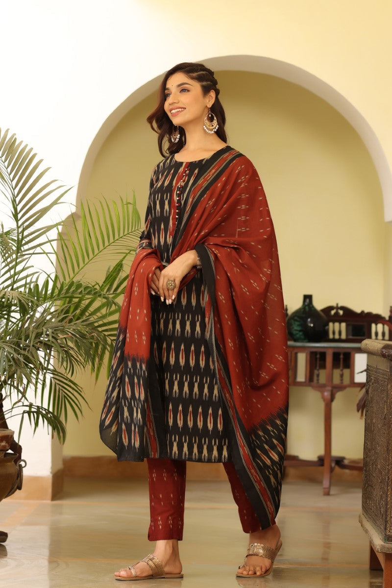 Black Ethnic Motifs Printed Panelled Rayon Blend Kurta VKSKD1303