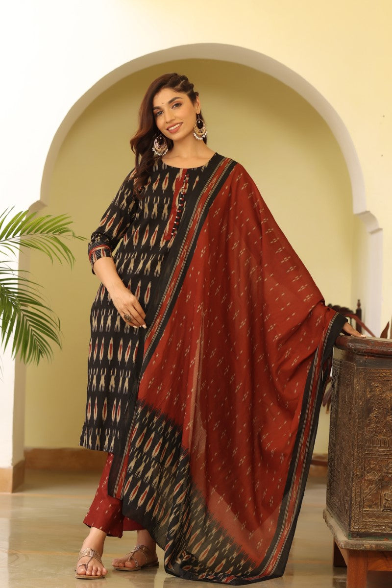 Black Ethnic Motifs Printed Panelled Rayon Blend Kurta VKSKD1303