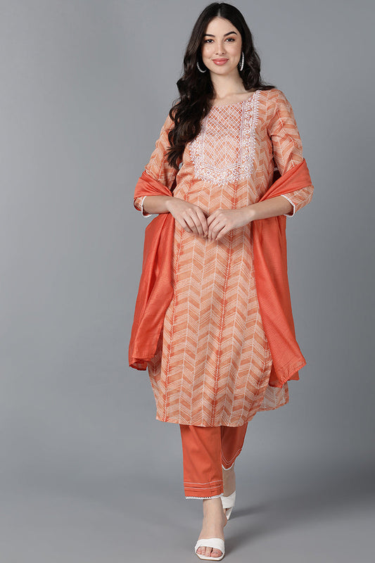 Beige & Orange Poly Silk Straight Kurta Pant With Dupatta Set VKSKD1431