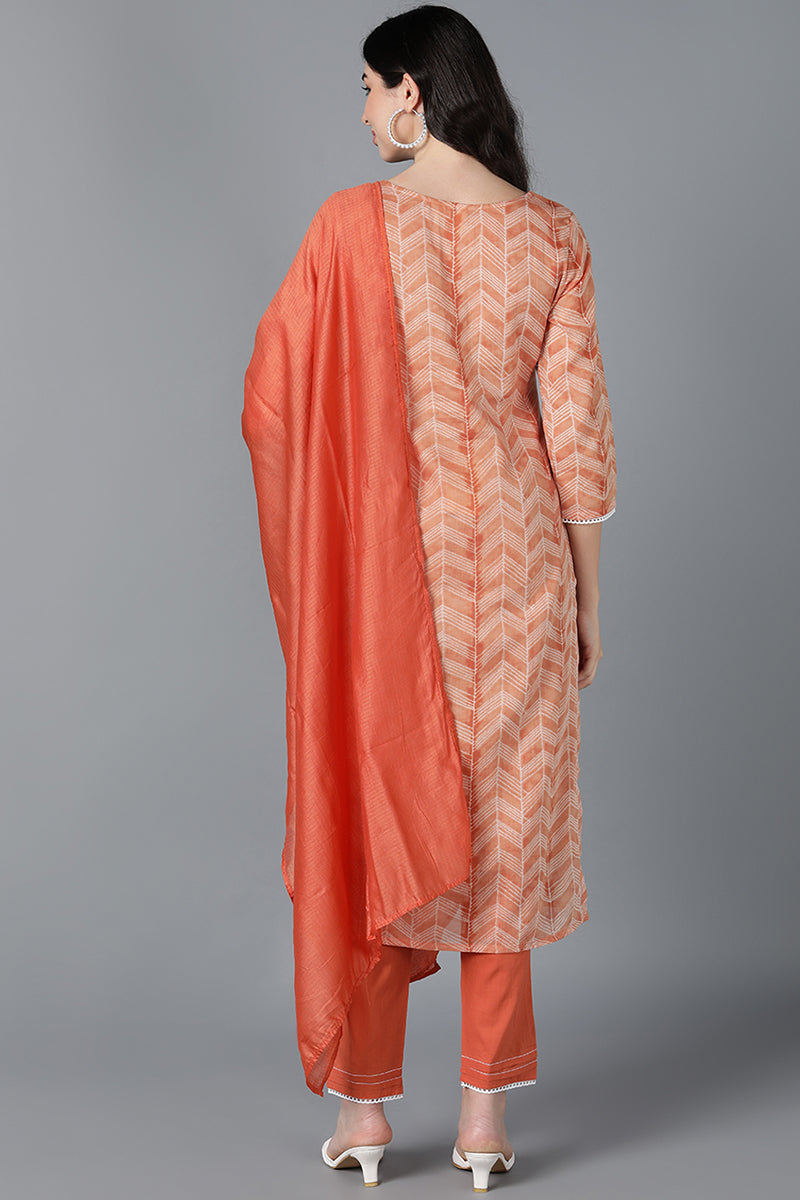 Beige & Orange Poly Silk Straight Kurta Pant With Dupatta Set VKSKD1431