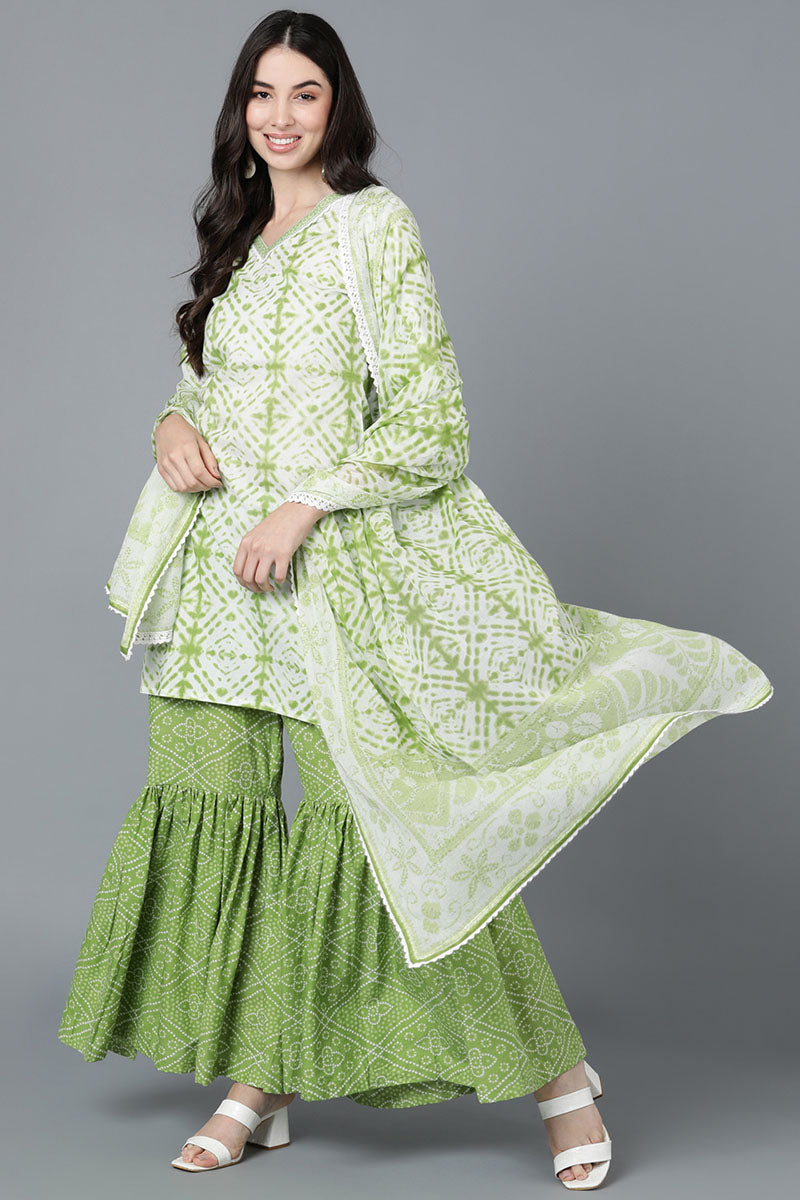 Green & White Pure Cotton Straight Kurta Sharara With Dupatta Set VKSKD1459