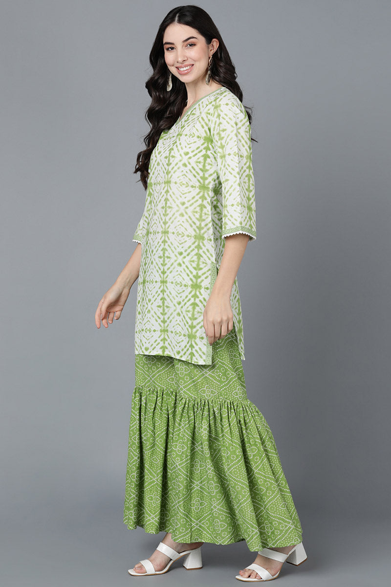 Green & White Pure Cotton Straight Kurta Sharara With Dupatta Set VKSKD1459