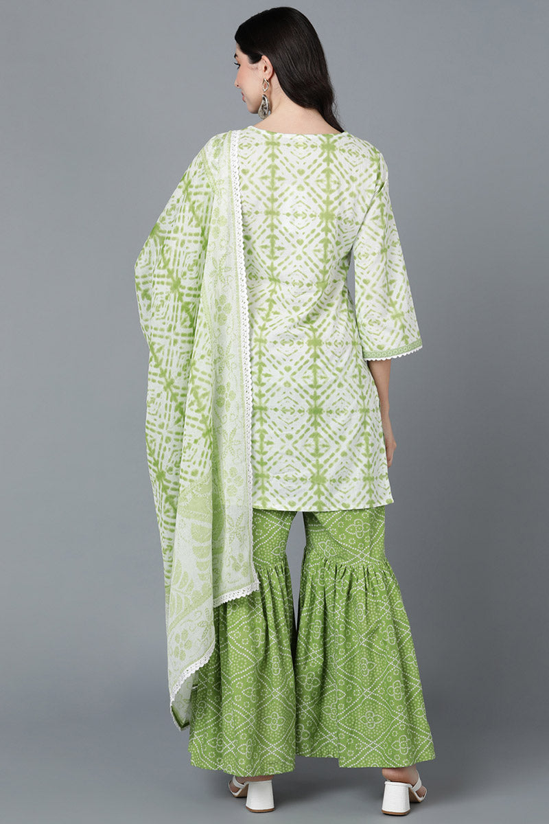 Green & White Pure Cotton Straight Kurta Sharara With Dupatta Set VKSKD1459