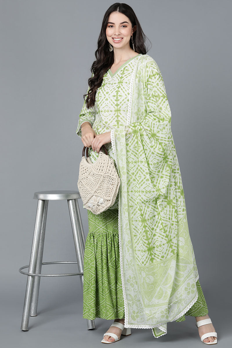 Green & White Pure Cotton Straight Kurta Sharara With Dupatta Set VKSKD1459