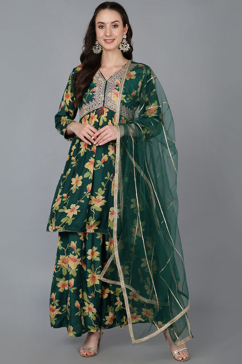 Green Chanderi Silk Floral A-Line Kurta Trousers With Dupatta VKSKD1695