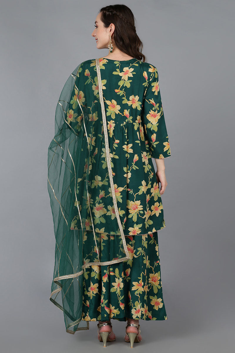 Green Chanderi Silk Floral A-Line Kurta Trousers With Dupatta VKSKD1695