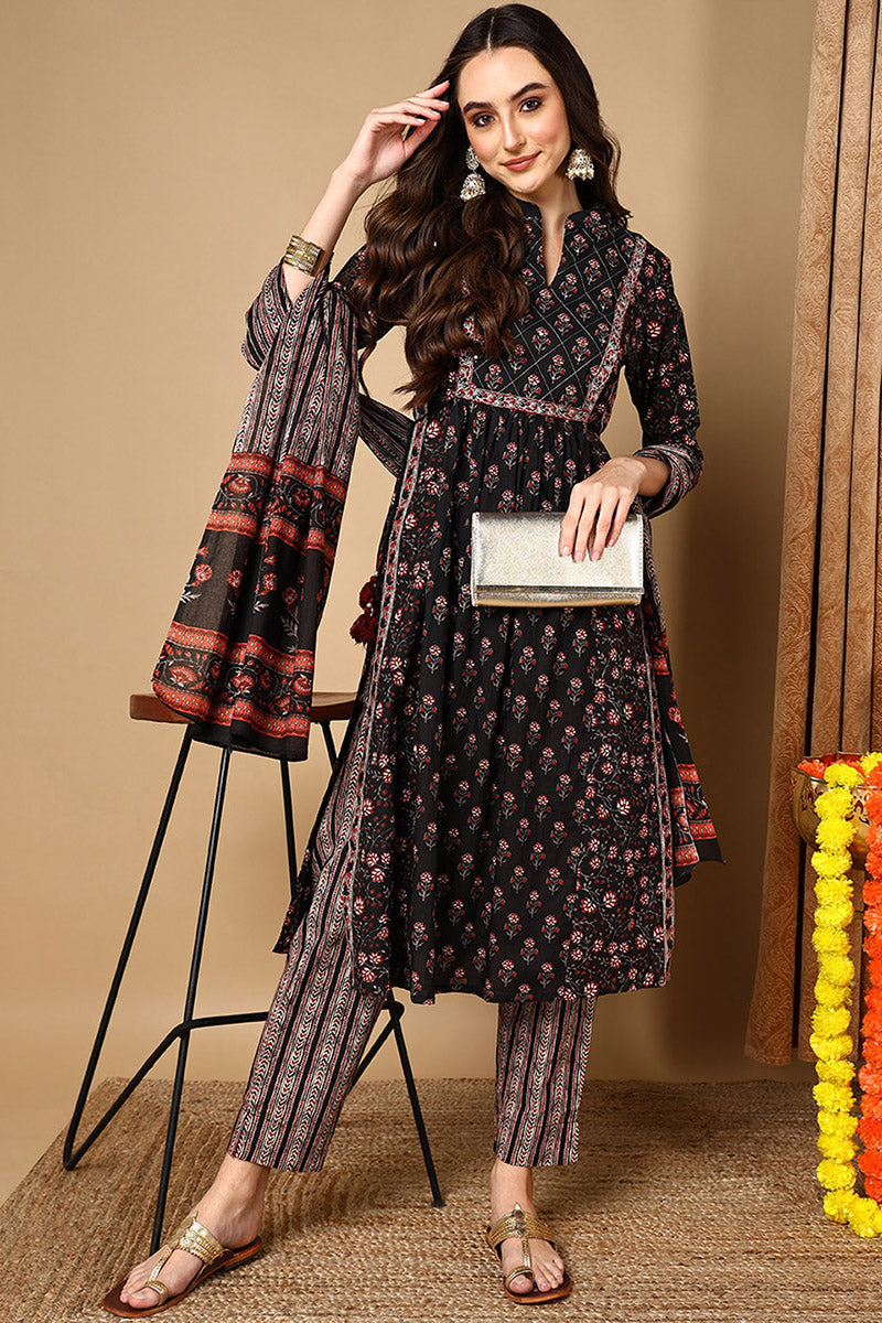 Black Cotton Floral Printed Straight Suit Set VKSKD2021