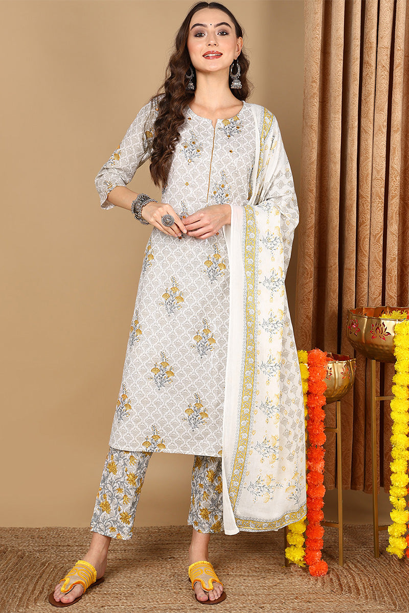 Off White Pure Cotton Ethnic Printed Straight Suit Set VKSKD2070