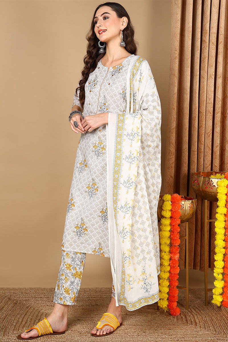 Off White Pure Cotton Ethnic Printed Straight Suit Set VKSKD2070