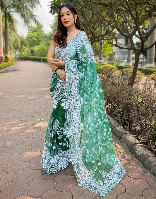 Green Organza Saree With Thread Embroidery Cut Work Border