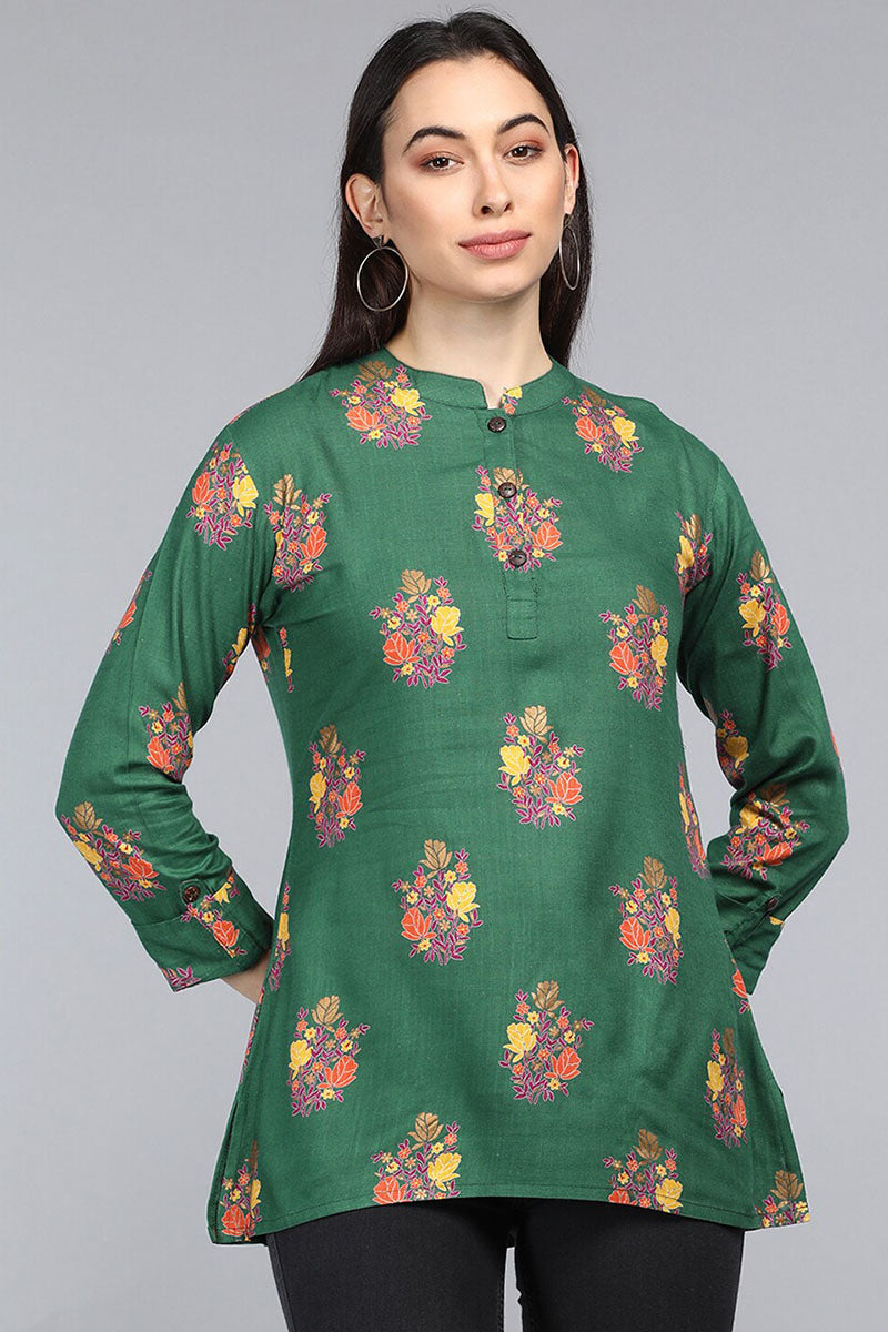 Green Cotton Ethnic Motifs Regular Tunic Top VT1101