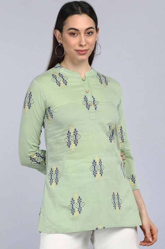 Green Cotton Ethnic Motifs Regular Tunic Top VT1107