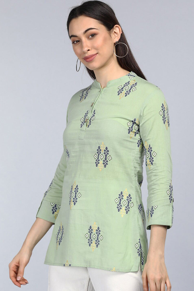 Green Cotton Ethnic Motifs Regular Tunic Top VT1107