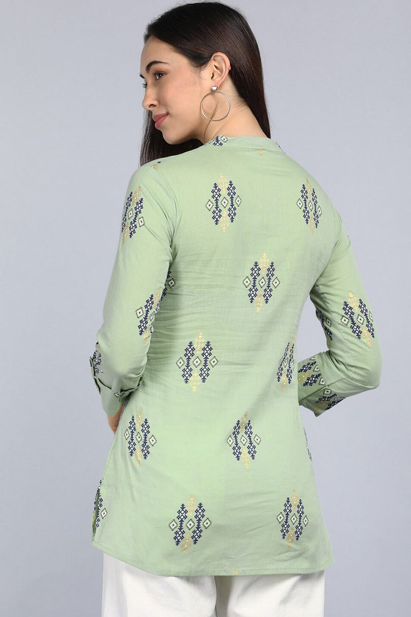 Green Cotton Ethnic Motifs Regular Tunic Top VT1107