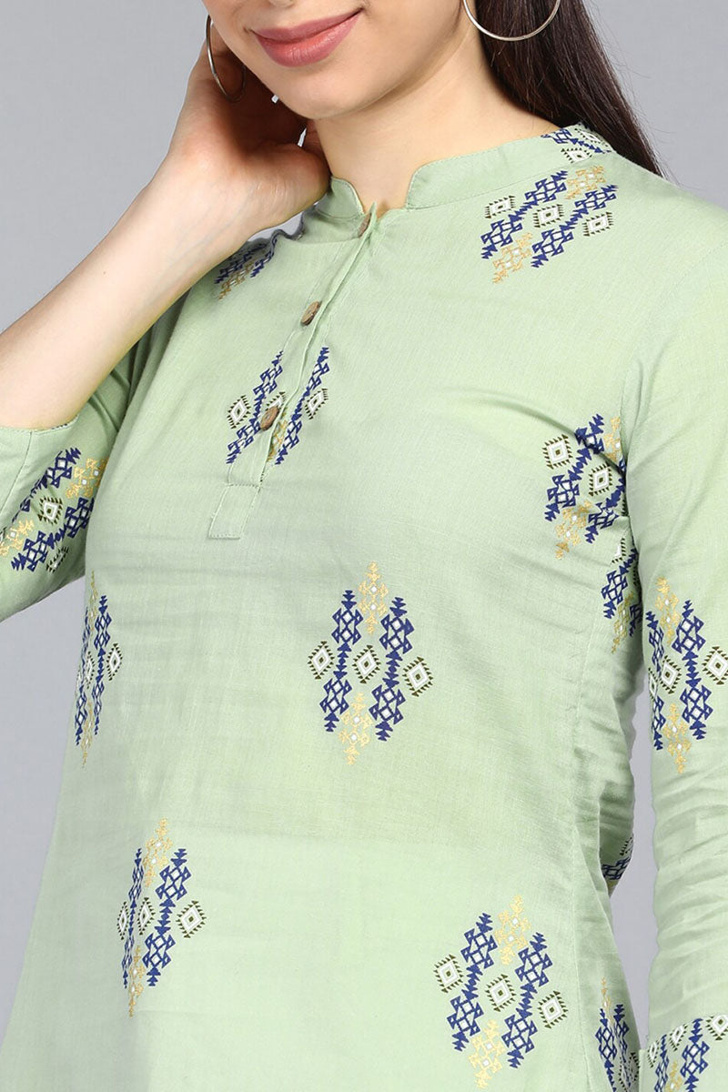 Green Cotton Ethnic Motifs Regular Tunic Top VT1107