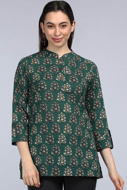 Green Cotton Block Print Regular Tunic Top VT1109