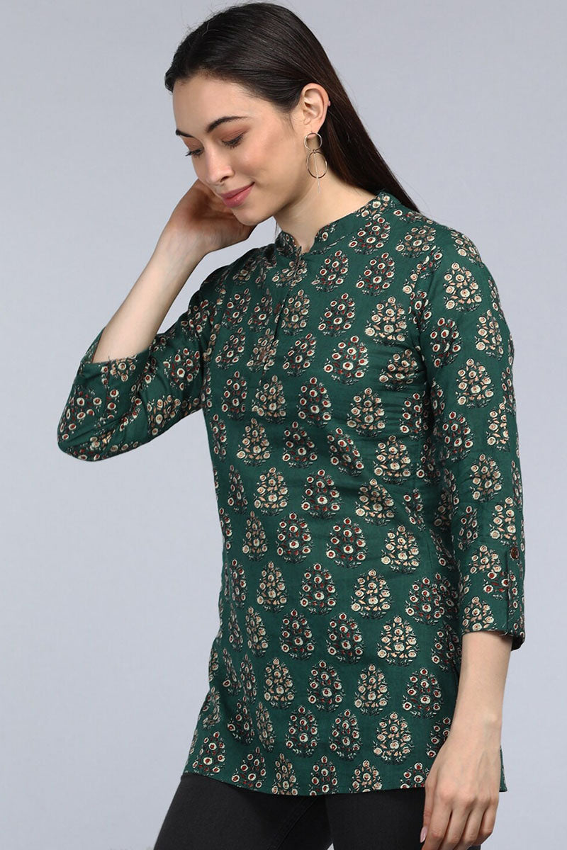 Green Cotton Block Print Regular Tunic Top VT1109