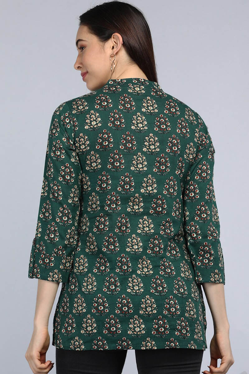 Green Cotton Block Print Regular Tunic Top VT1109