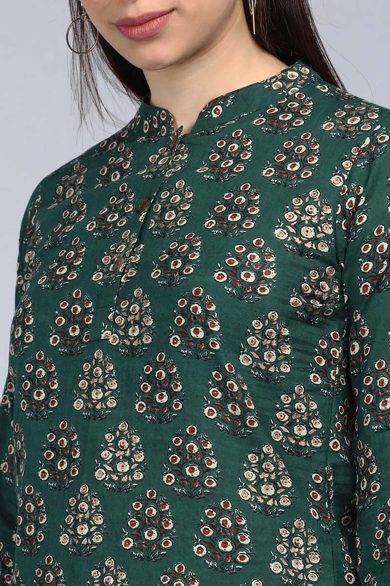 Green Cotton Block Print Regular Tunic Top VT1109