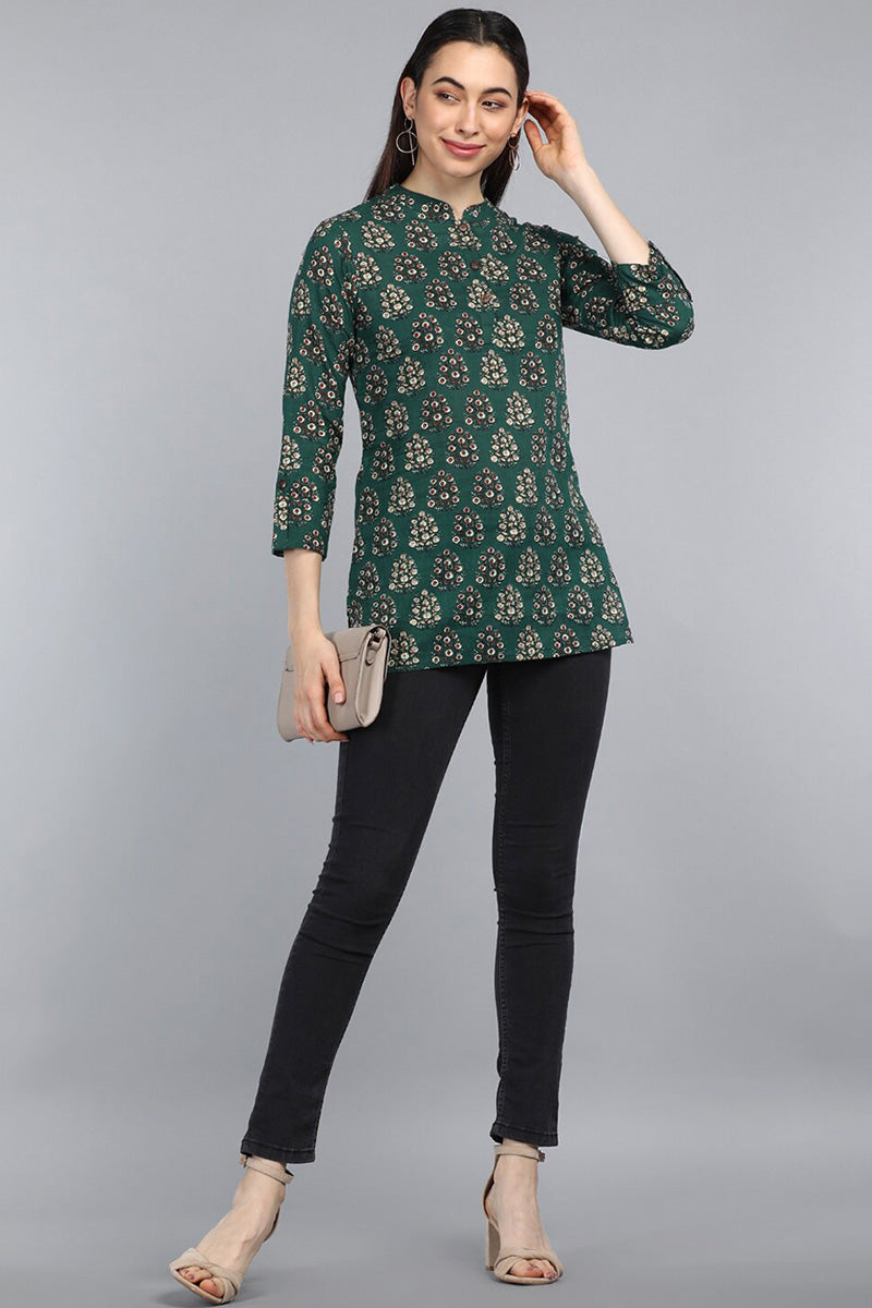 Green Cotton Block Print Regular Tunic Top VT1109