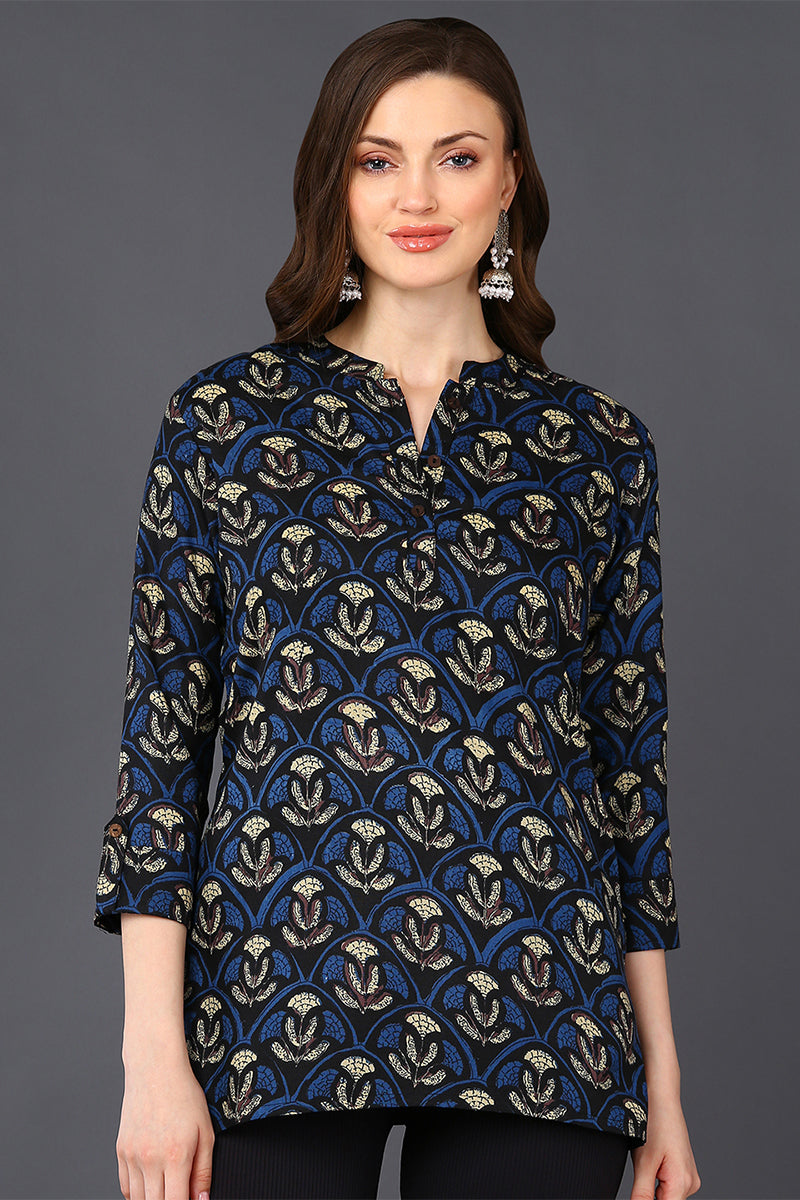 Black Cotton Blend Ethnic Motifs Printed Straight Tunic VT1240