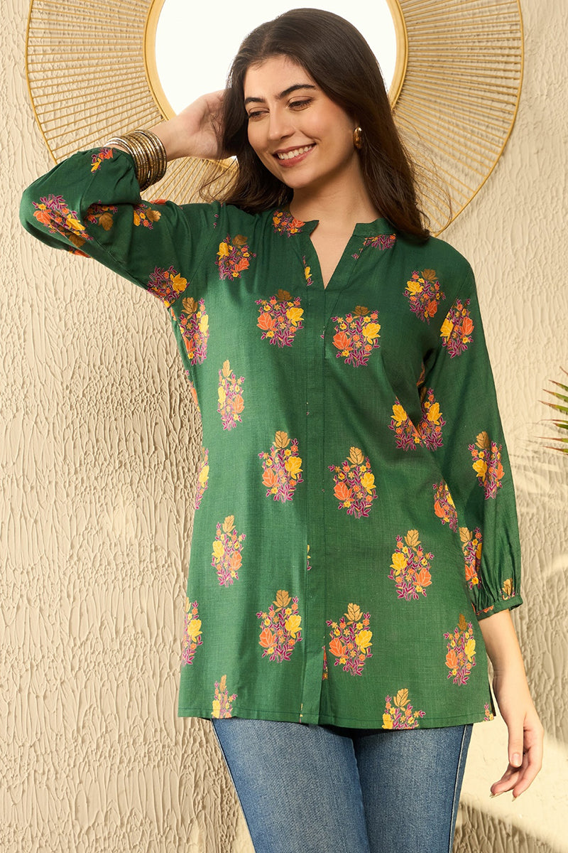 Green Cotton Blend Floral Printed Regular Tunic VT1272GRN