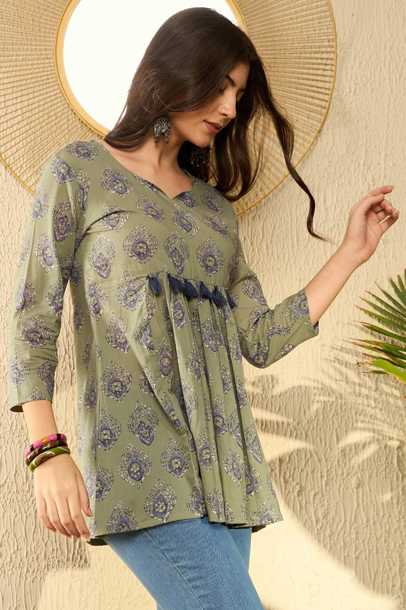 Green Cotton Blend Ethnic Motifs Printed Peplum Tunic VT1283